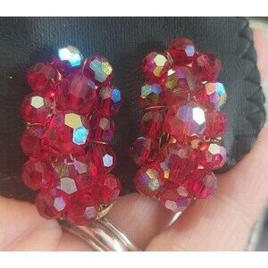 AB red glass climber clip earrings vintage some wear